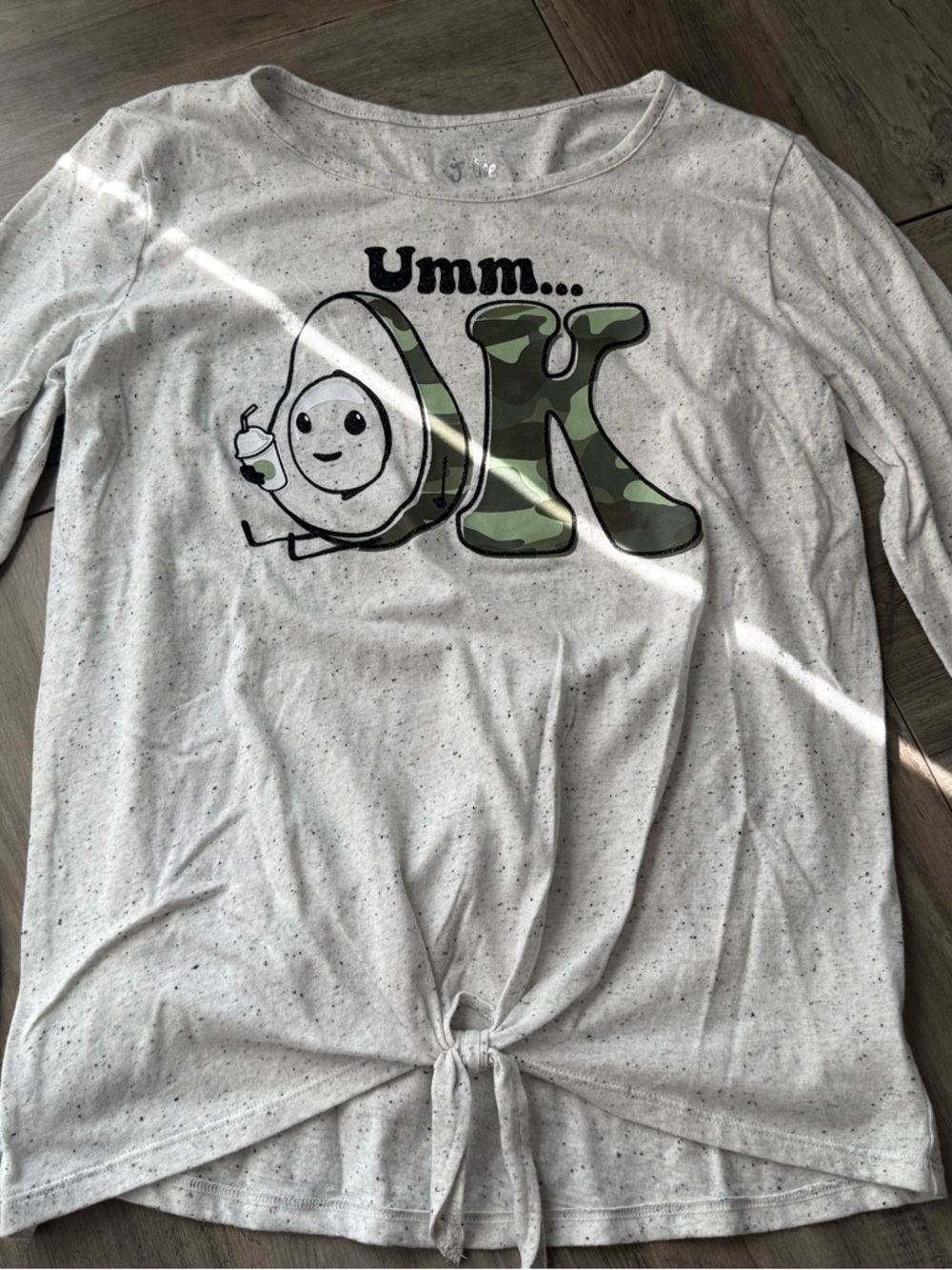 Justice White Speckle Long Sleeve Top with Avocado Camo Graphic